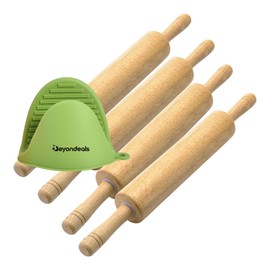 Beyondeals Bundle Of Silicone Heat-Resistant Mini Oven Pinch, And Classic Wood Rolling Pin, 17.75-Inch, Natural, Pack Of 4