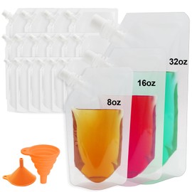 18 Pcs Plastic Flasks Reusable Drink Bags Plastic Pouches Leak Concealable Plastic Flasks bags for Travel Concerts Outdoor Sports (6 x 8 oz + 6 x 16 oz + 4 x 32 oz + 2 funnel)