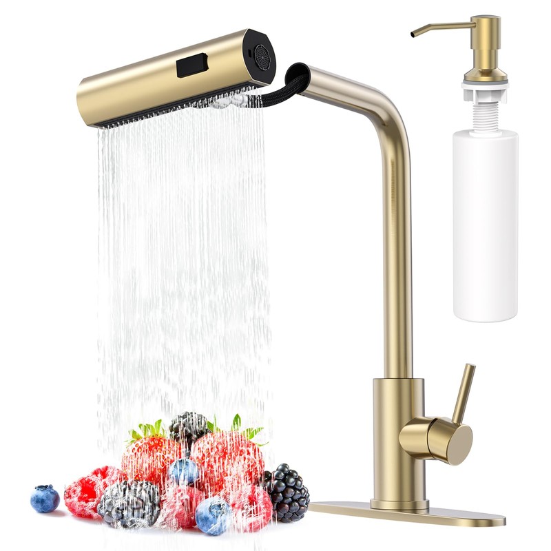 AVSIILE Brushed Gold Waterfall Kitchen Faucets with Pull Down Sprayer
