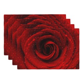 XALOGEER Floral Placemats Set of 4 Valentine Big Red Rose with Water Droplets Linen Washable Place Mats Rectangle Cloth Table Mat for Kitchen Wedding Romantic Night Anniversary Party, 12x18 inch