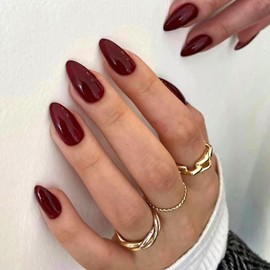 24 Pcs Wine Red Solid Color Fake Nails, Medium Almond Press on Nails, Glossy Acrylic Glue on Nails, Reusable Full Cover Glue on Nails, for Women DIY Manicure Decoration
