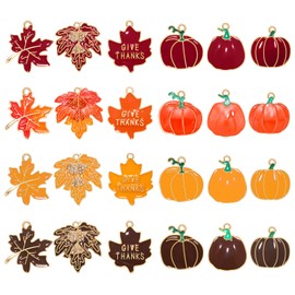 YAHPERN 24/32 dijes de otoño para hacer joyas, esmaltados, para Acción de Gracias, cosecha de otoño, calabaza, hoja de arce, colgantes a granel para pulseras, arete, collares, manualidades, Metal, cristal