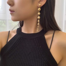 Yienate Boho Long Tassel Ball Drop Earrings Vintage Gold Bead Chain Dangle Earrings Punk Statement Round Ball Chain Stud Dangle Earrings Brides Wedding Prom Jewelry for Women and Girls