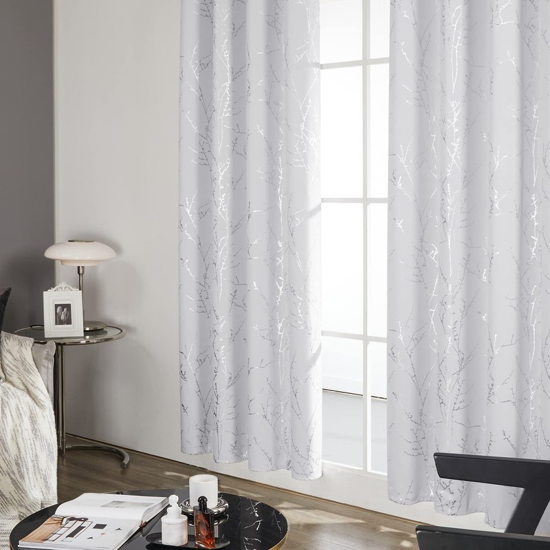 Deconovo Blackout Grommet Silver Pattern Printed Curtains, Greyish White/Silver Tree