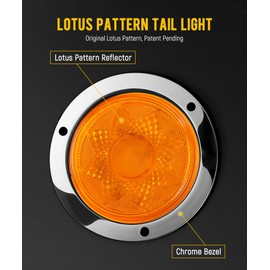 Partsam 2Pcs 4 Inch Round LED Trailer Lights Yellow/Amber Lotus Pattern with Strobe Function Warning Turn Signal Running Tail Light Lamps Chrome Bezel Waterproof Connector 12V IP65