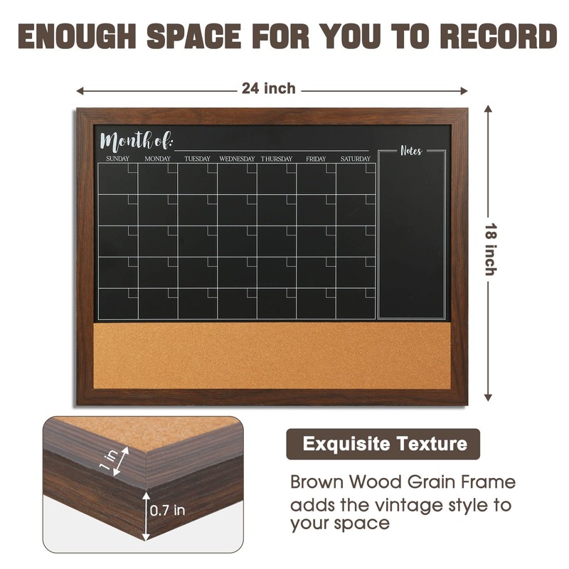 4 THOUGHT Chalkboard Calendar Corkboard Combo, 18" x 24" Bulletin