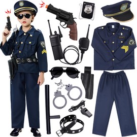 Golray Police Officer Costume for Kids Boys Girls - 12PCS Kids Police Costume Cop Uniform Outfit Role Play with Police Toys Accessories, 3 4 5 6 7 8 9 10 11 12 Year Old Kid Halloween Costume Dress up
