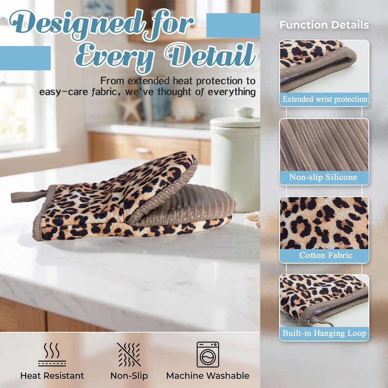 Ribbed Mini Oven Mitts 2-Pack Set, 5.5"x8.5", Leopard Printed, Heavy