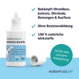 HUNDEPFLEGE24 Ohrentropfen für Hunde - Ohrmilben, Juckreiz & Ohrentzündungen natürlich & schonend entfernen - Hochwirksame, sofort wirkende Ohrenpflege für Hunde - Ohrmilben Hund 50ml