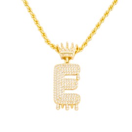 TKMIRA Gold Initial Letter Necklace for Women Men Iced Out Diamond Crown Letter A-Z Pendant Necklace with 24“ Rope Chain Hip Hop Jewelry (gold E)