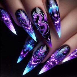 Coquette Y2K Press on Nails 24 Pcs Dark Purple Gradient Acrylic Fake Nails Medium Almond Glossy Blue Ombre False Nails Gel Glue on Nails Manicure Dragons Print Stick on Nails for Coquette Women Girls