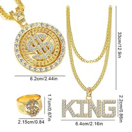 LongZYU Pack of 3 Dollar & King Chain Dollar Sign Ring Hip Hop Costume Set Rock Star Rapper Necklace Set Dollar Pendant Jewellery Gangster 80s 90s Outfit Men's Costume Gold Ring for Carnival, Zinc