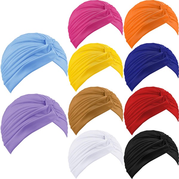 10 Pieces Stretchy Turban Cap Head Bennie Cover India's Hat Turban Headwrap Pleated Twisted Headscarf Solid Color Hair Loss Hat for Women Girls, Assorted Colors