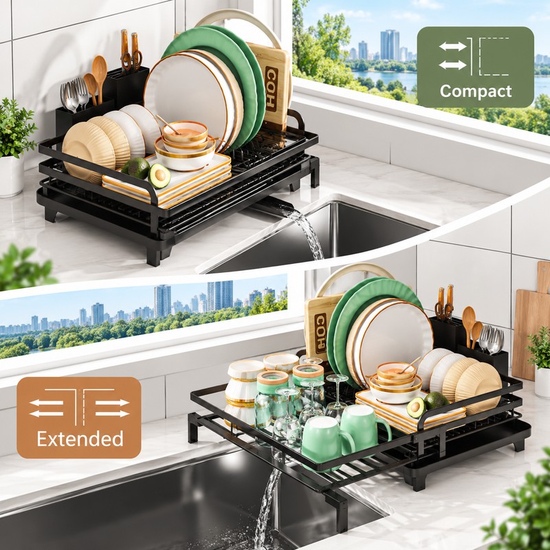Expandable Dish Drying Rack for Kitchen Counter – Adjustable Dish