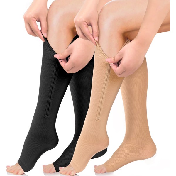 2 pares de calcetines de compresión con soporte de pierna abierta y cremallera (nude+negro, XXL)
