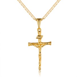 Barzel Cross Necklace for Women, Men, Boys, and Girls 18K Gold Plated Flat Mariner/Marina 060 3MM Chain Necklace With Italian Cross Pendant (Gold Cross, 24)
