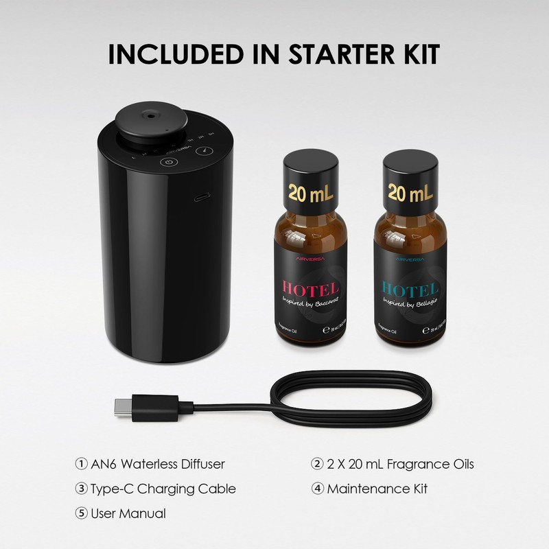 Airversa AN6 Waterless Essential Oil Diffuser Starter Kit, Black