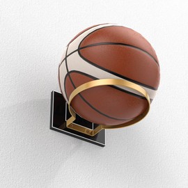 Ball Holder Wall Mount for Basketball, Soccer, Football & Volleyball, Wall-Mounted Ball Display Stand with Black Acrylic Base & Gold Metal Ring, Sports Ball Storage for Boys Room, Garage, Gym, 3-Pack