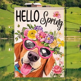 BlissYard Hello Spring Garden Flag 12x18 Double Sided Small Flags with Dog Backdrop for Spring Summer Garden Flags Outside Holiday Seasonal Decor Yard Flags Yard Patio Lawn Decoration