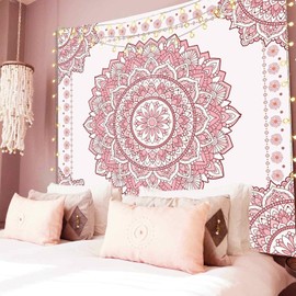 Atrippy Boho Pink Mandala Wall Tapestry for Bedroom, White and Pink Aesthetic Tapestry Room Decor for Teen Girls, Art Floral Wall Hanging for College Dorm 60x79 inches