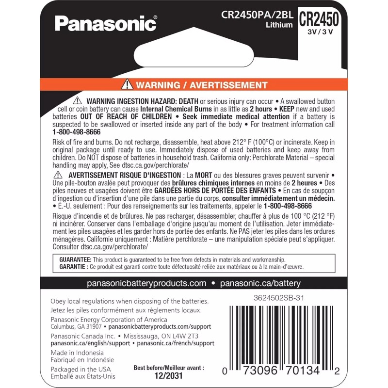 2 x Fresh New Panasonic CR2450 CR 2450 3v LITHIUM