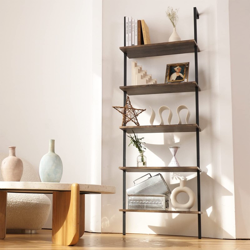 aboxoo Ladder Shelf Open Bookshelf 5-tier Wood Wall-mounted Bookcase Storage
