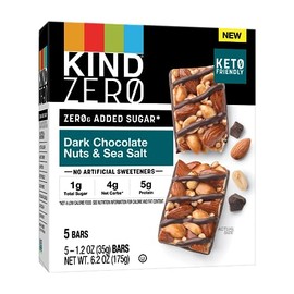 KIND KIND ZERO Added Sugar Bars, Keto Snack, Dark Chocolate Nuts and Sea Salt, Good Source of Fiber, Gluten Free, Low Sugar, 5g Protein, 5 Count