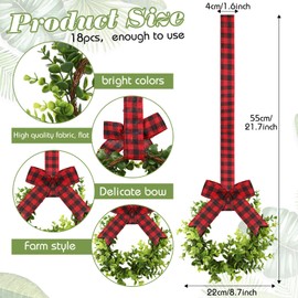 Unittype 18 Pcs Christmas Faux Kitchen Cabinet Wreaths Mini Christmas Hanging Window Wreaths with Ribbon Buffalo Plaid Bow Artificial Greenery Farmhouse for Christmas Decoration(Black, Red)
