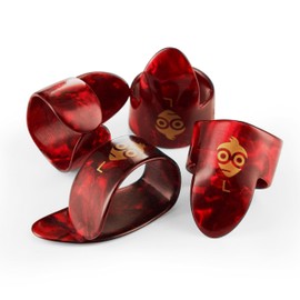 Pick Geek Finger and Thumb Pick Set | 1 x Celluloid Thumb Pick | 3 x Celluloid Finger Picks | Small Size | Red Tortoiseshell Colour | Includes Draw-String Bag for Safe Keeping