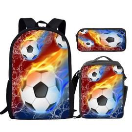 Bulopur Fire Soccer Print School Backpack Set with Lunch Box and Pencil Case for Primary Elementary Boys Girls, Lightweight Children Teens School Bookbag, Set 3 in 1