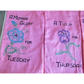 Kitchen 7 Days of week FLOWER HAND TOWELS Kitchen PINK cotton hand embroidered vintage