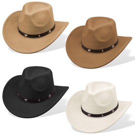 4 Pcs Women Men Felt Wide Brim Western Cowboy Hats Belt Buckle Panama Hat