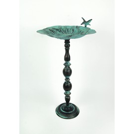Rustic Verdigris Green Finish Metal Bird Bath - Enchanting Outdoor Garden Water Basin - 25.5 Inches High - Decorative Birdbath for Yard, Deck, and Flowerbeds