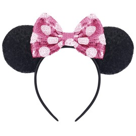 Hpfulseazn Women Girls Decoration Mouse Ears Headbands Sequin Glitter Bow Hairband for Cosplay Costume Birthday Party Party(Pink Dot)