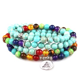 Techson 7 Chakra Bracelet, 108 Mala Beads Gemstone Wrap Bracelet, 8mm Turquoise Prayer Necklace with Tree of Life Pennant (108 Turquoise (Yoga))