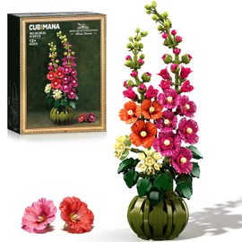 CUBIMANA Flowers Botanicals Alcea Rosea Building Set for Adults - Artificial Bonsai Plant for Home Desk Decoration, 974PCS Fake Flower Building Block Indoor Décor, Birthday for Women