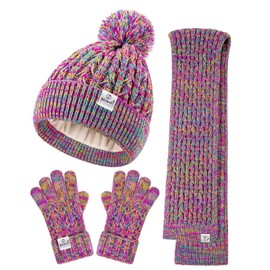 Kids Winter Hat Gloves Scarf Set,Girls Toddler Winter Hat Beanies with Pom Neck Warmer Gaiter Mittens Fleece Lined Set Christmas Gift for Kids（Rainbow Mix）
