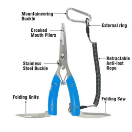 JASKFG Portable Fishing Pliers with Lanyard,Include Curved Fishing Forceps,Disgorger Fishing,Stainless Steel and Blue Rubber Handles