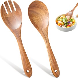 iewrtcin Set di 2 posate per insalata, grande foglia in legno di acacia, 26 cm, grandi cucchiai da insalata, 26 cm