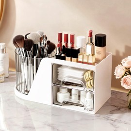 KHNR Makeup Organizer for Vanity, Vanity Organizer with 2 Drawers and Rotating Brush Holder, Bathroom Organizer Countertop, Cosmetic Organizer for,Lipsticks,Nail Polish (White)