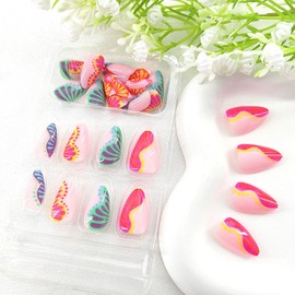 Press on Nails Short Almond Fake Nails Light Pink Nails Press ons with Colorful Butterfly Wings Dots Design Almond Glue on Nails Cute Acrylic Nails Glossy Short False Nails for Girls and Women 30Pcs