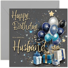 Special Male Birthday Card for Husband - Bday Greeting Cards for Him - Blue and Gold Gifts and Balloons Artwork for Men - Stylish and Traditional Designs - Blank inside with Envelope