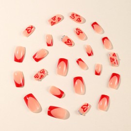 Valentines Press on Nails Red Heart Fake Nails Medium Square False Nails with Rhinestone Designs French Tip Acrylic Nails Glossy Glue on Nails Love Stick on Nails for Women Girls Manicure Decoration