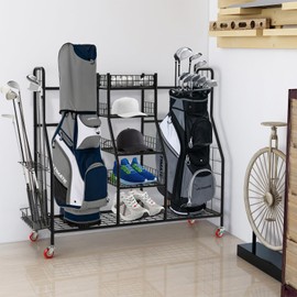 Tangkula Golf Bag Storage Rack for Garage, Heavy Duty Metal Double Golf Bag Storage Rack with Removable Golf Club Stand, Shelves & Lockable Wheels, Extra Large Golf Equipment Organizer for Garage