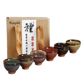 Puoyikt 6pc Ceramic Kung Fu Tea Set, Japanese Tea Cup, Sake Cup, 2.1oz Capacity, 6 Colors