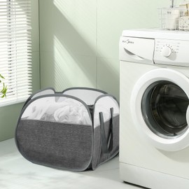 TECHMILLY Pop Up Foldable Laundry Basket, 90L Large Capacity Square & Tear Proof Laundry Hamper with Reinforced Handles for Dirty Clothes Storage in Dorm, Laundry Room, Bathroom, Grey(Fabric)