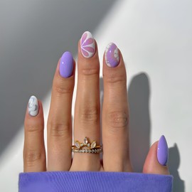 24Pcs Fake Nails Purple White Press on Nails Short Almond Stick on Nail Glossy Full Cover Nails Press Ons with Rhinestones Design Reusable DIY False Nails for Women and Girls