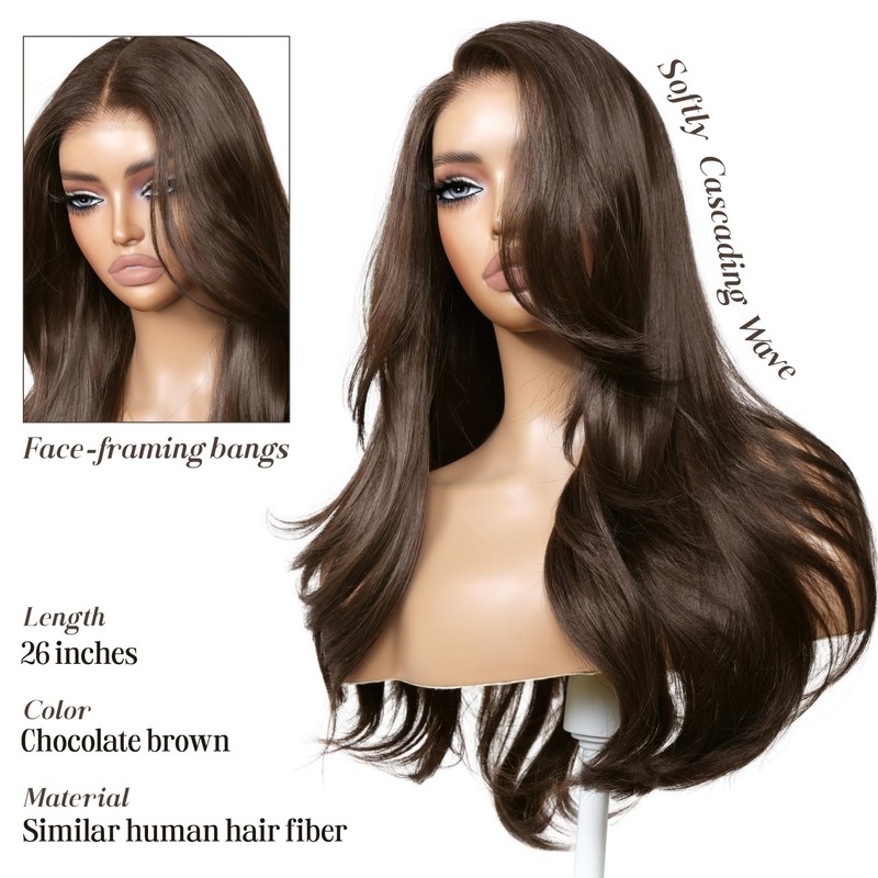 ENCOUNTERU Chocolate Brown Glueless Wig with Bangs Body Wave Layered