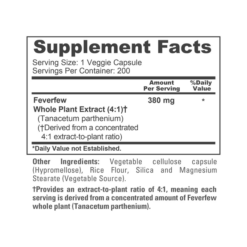 Feverfew, Non-GMO, Vegan, 380mg, 200 Veggie Capsules - 200 Servings