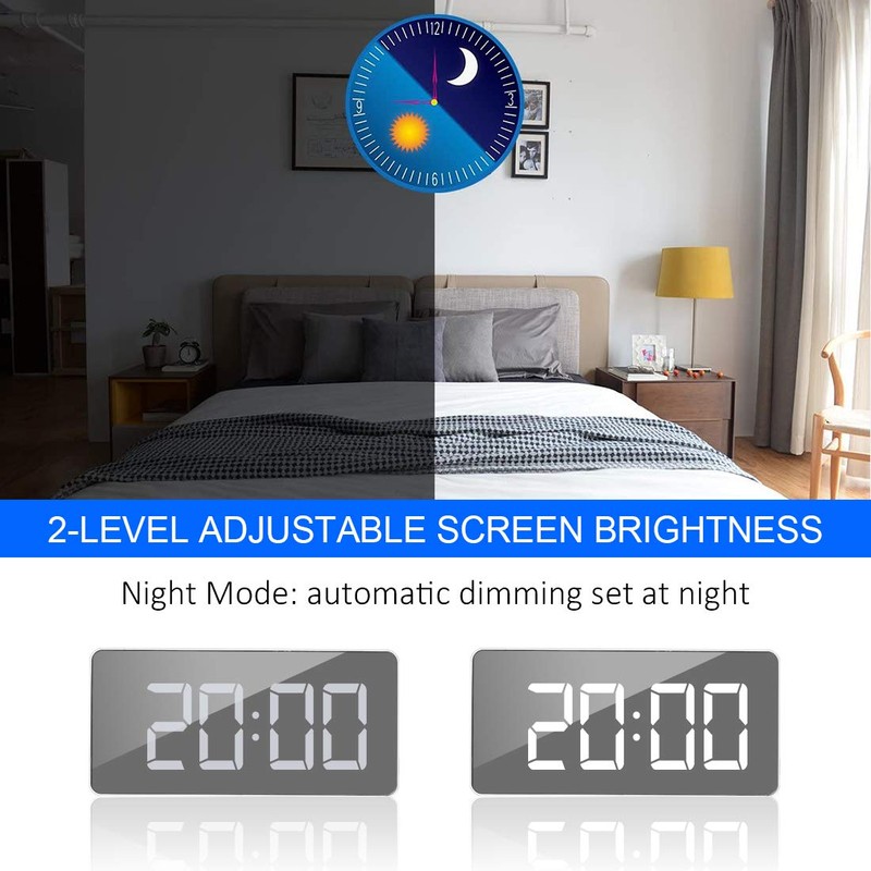 Digital Alarm Clock Large Mirrored LED Clock Snooze Function Dimming